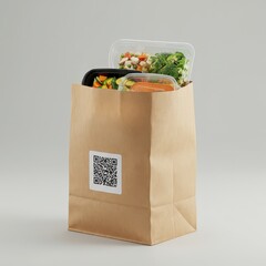 Paper Food Delivery Bag with QR Code and Pre-Packaged Healthy Meals in Plastic Containers, Takeout Lunch Concept, Meal Prep Service, Eco-Friendly Packaging, Modern Food Delivery Branding