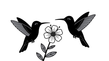 Obraz premium Two black hummingbirds hovering near a flower in minimal style 
