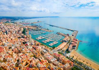 Alicante city port aerial panoramic view, Spain