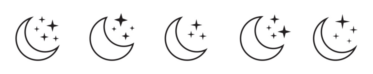 Crescent Moon and Stars Icons Set – Night Sky and Dream Symbol, Sleep and Calm Sign.