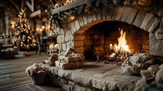 Fireplace crackles with firelight while wrapped gifts sit nearby. Festive setting includes holiday decorations and warm tones, creating inviting atmosphere