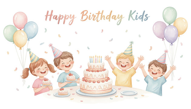 Four happy children celebrating a birthday with cake, balloons, and party hats.