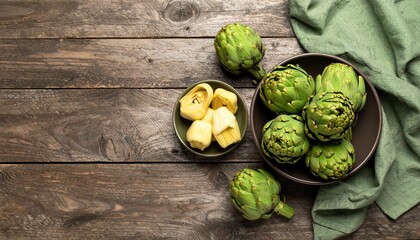 Wooden table, artichokes, bowl with shelled artichokes, green cloth, top view.