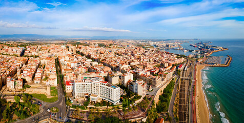 Tarragona city aerial panoramic view in Spain