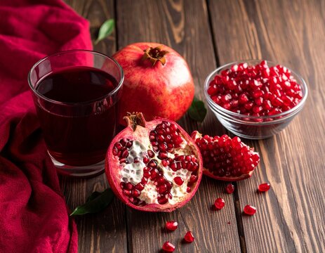 Wooden table, pomegranates, whole and halved, leaves, pomegranate seeds in a glass bowl and next to it a glass of pomegranate juice, a red cloth.