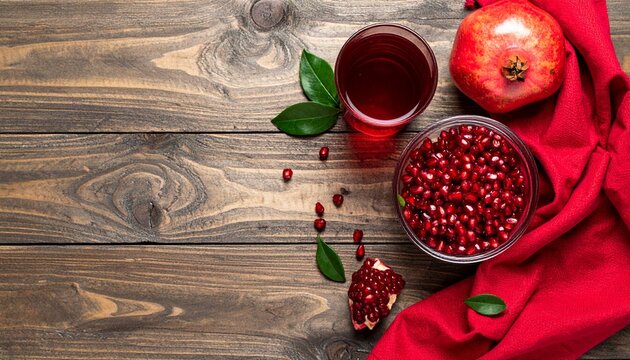 Wooden table, pomegranates, whole and halved, leaves, pomegranate seeds in a glass bowl and next to it a glass of pomegranate juice, a red cloth, top view.