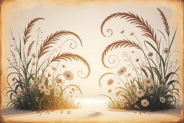 Set hand drawn curly grass and flowers on white isolated background. Botanical illustration. Decorative floral picture.