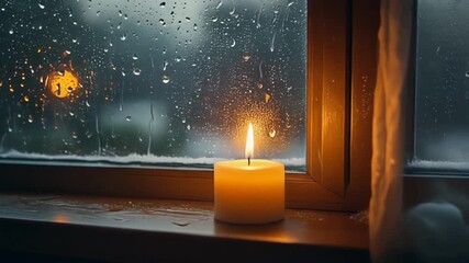 Cozy Candlelight Glow on Rainy Windowpane Reflections Warmth Indoors - Powered by Adobe