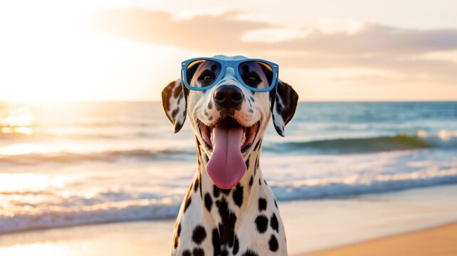 A playful Dalmatian wearing sunglasses enjoys a sunny beach day, with the ocean waves and a vibrant sunset in the background.