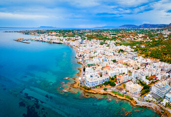 Fototapeta premium Hersonissos town aerial panoramic view in Crete, Greece