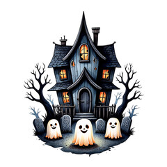 Spooky haunted house with ghosts isolated on transparent background