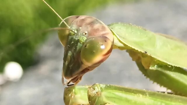 
극단적 클로즈업: 녹색 사마귀의 머리와 큰 눈, 낫 모양 앞다리 디테일 6
Extreme Close-up: Green Praying Mantis Head and Compound Eyes Detail, Sickle-like 

