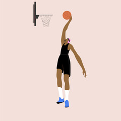 Basketball player with ball in hand, throwing it, jumping up. Strong man athlete in movement, action during shooting, playing sports game. Flat vector illustration isolated on white background
