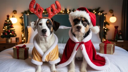 Two festive dogs dressed in holiday outfits, one in reindeer antlers and the other in a Santa hat, sit on a bed amidst Christmas decorations.