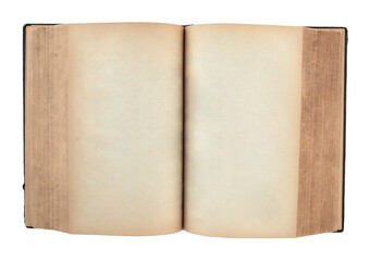 Open antique book showing blank aged pages, isolated on transparent background. Ideal for historical, educational, or design projects