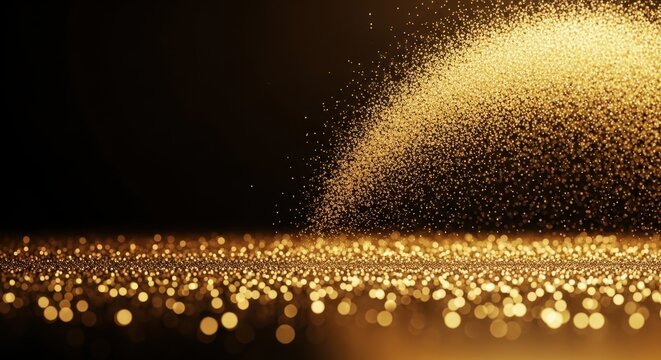 Abstract background of falling golden glitter and shimmering bokeh lights on a dark surface.