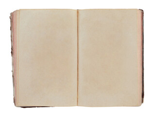 Open antique book showing blank aged pages, isolated on transparent background. Ideal for historical, educational, or design projects