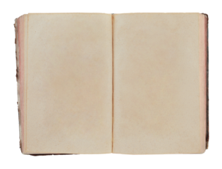 Open antique book showing blank aged pages, isolated on transparent background. Ideal for historical, educational, or design projects