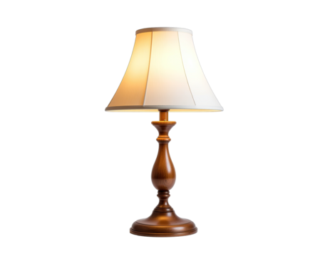 Elegant Wooden Table Lamp With Warm Light Emitting From White Fabric Shade Isolated On Transparent Background