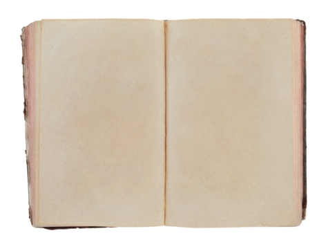 Open antique book showing blank aged pages, isolated on transparent background. Ideal for historical, educational, or design projects