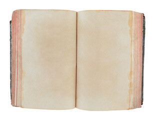 Open antique book showing blank aged pages, isolated on transparent background. Ideal for historical, educational, or design projects