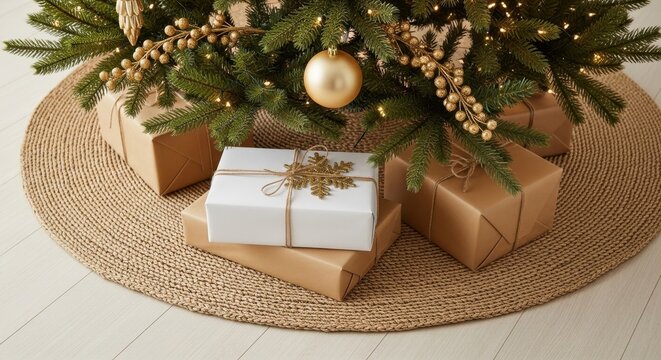 Rustic Christmas gifts wrapped in kraft paper placed under a decorated tree