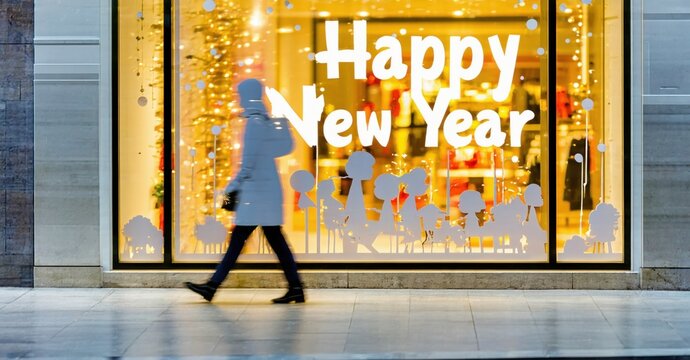 Blurred pedestrian walks past shop window displaying Happy New Year message. Bright lights illuminate festive scene. Winter holiday celebration visible. - Powered by Adobe