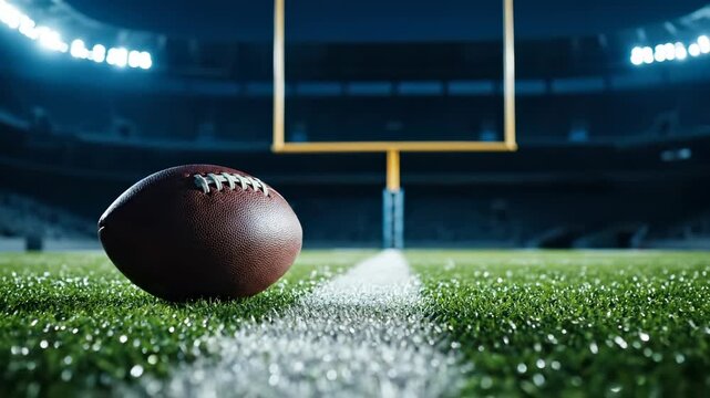 football rests on turf beside yardline. goalpost towers beyond. stadium lights glow at night. field waits for play. football remains stationary on marked surface. field markings define scoring zone.