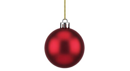 Single matte red Christmas bauble hanging on a gold string, isolated on white