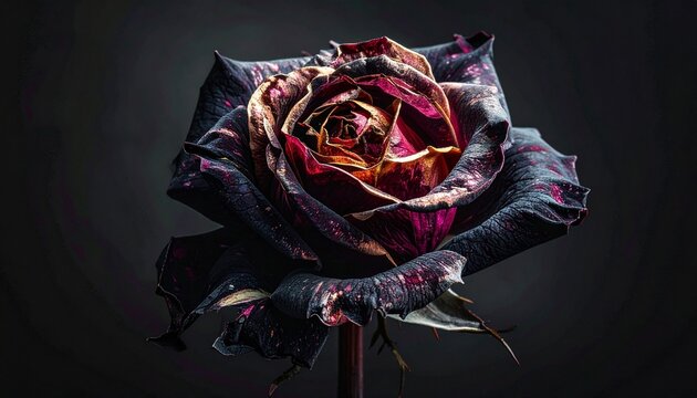 Wilted dark rose with curled petals in deep red and purple hues against black background for editorial floral photography moody decor and poetic impermanence-themed visuals