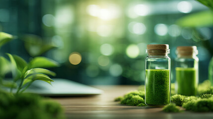 Eco friendly products in glass bottles with green moss create serene atmosphere