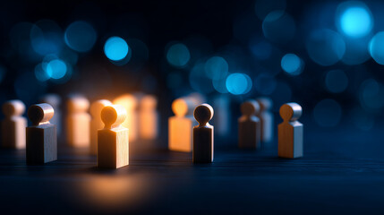 Wooden figures illuminated by soft light create captivating atmosphere, symbolizing community