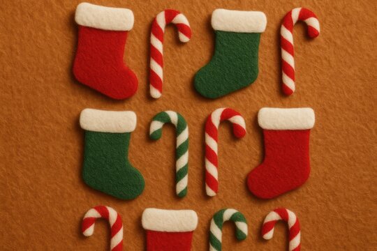 Festive felt stockings candy canes background