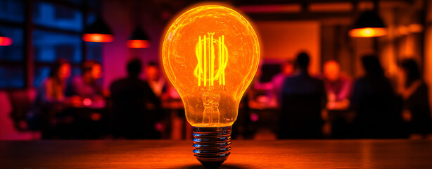 Bright light bulb glowing in brainstorming session, symbolizing innovation and creativity