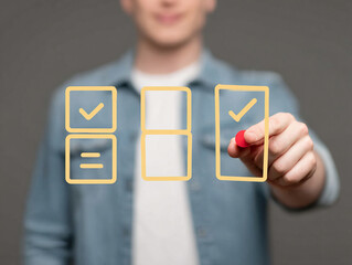 Man interacting with digital checkboxes, showcasing decision making and technology use