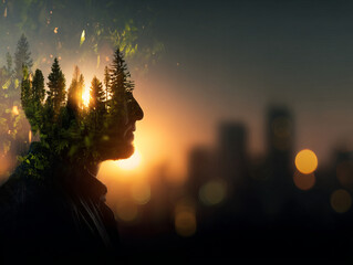 Silhouette of person with forest landscape inside their head, symbolizing nature and urban life