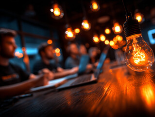 Bright light bulb illuminates brainstorming session tech startup, showcasing creativity