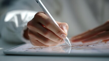 Business concept. Business man drawing digital tablet with stylus pen, using mobile phone, working on laptop computer office. Graphic designer using digital pen on web design project, close up