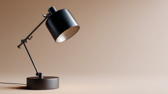 A sleek, minimalist black desk lamp rests on a smooth surface, casting a warm glow. Its round base and adjustable arm enhance the modern workspace, providing an inviting atmosphere