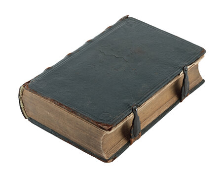 Back side of old antique closed book with textured leather cover, isolated on transparent background. Vintage historical object perfect for education, religion, or literature concepts