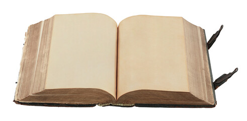 Open antique book showing blank aged pages, isolated on transparent background. Ideal for historical, educational, or design projects