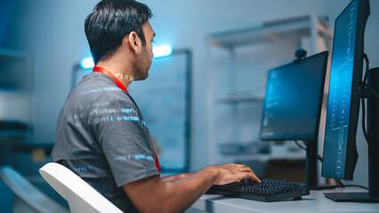 Indian programmer coding typing keyboard in modern office software developer programming IT...