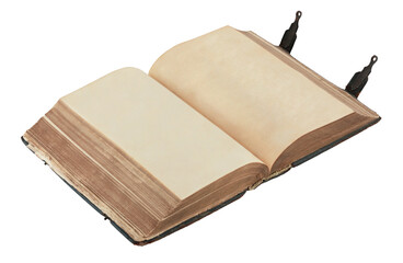 Open antique book showing blank aged pages, isolated on transparent background. Ideal for historical, educational, or design projects