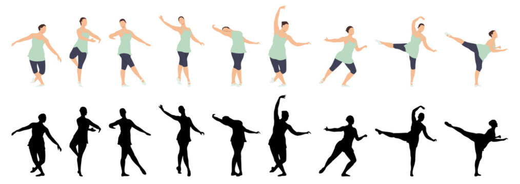 Dancers in various poses and movements, energetic ballet, artistic body language and graceful dance illustration for fitness and performance concept