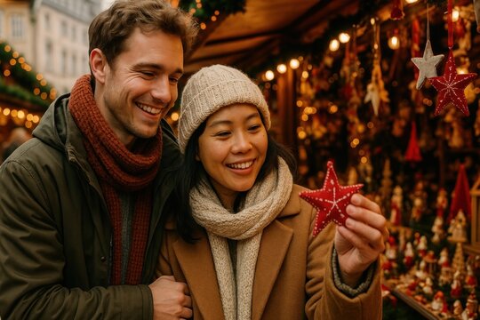 Joyful couple at Christmas market - Powered by Adobe
