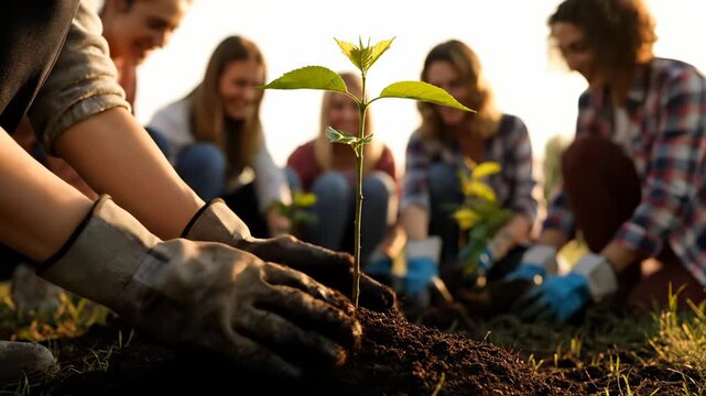 Planting tree sapling with volunteer group. Community members dig soil and place young tree. Environment and nature focus supports conservation and reforestation. Hands planting and caring for plant.