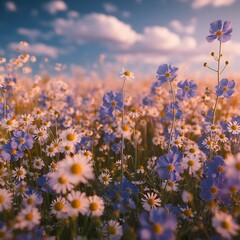 Beautiful field meadow flowers chamomile, blue wild peas in morning against blue sky with clouds, nature landscape, close-up macro. Wide format, copy space. Delightful pastoral airy artistic image.
