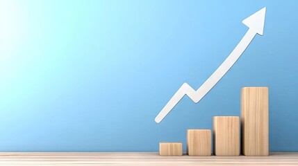 3D white arrow shows upward trend against a blue background with wooden steps illustrating growth and progress in a business or financial context