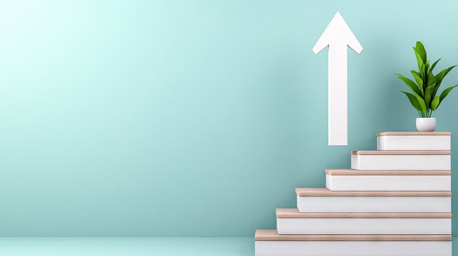3D white graph arrow pointing up against a blue background with stairs and a potted plant for an uplifting visual concept