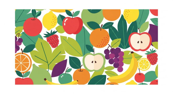 Colorful fruit pattern with apples, oranges, lemons, grapes and strawberries